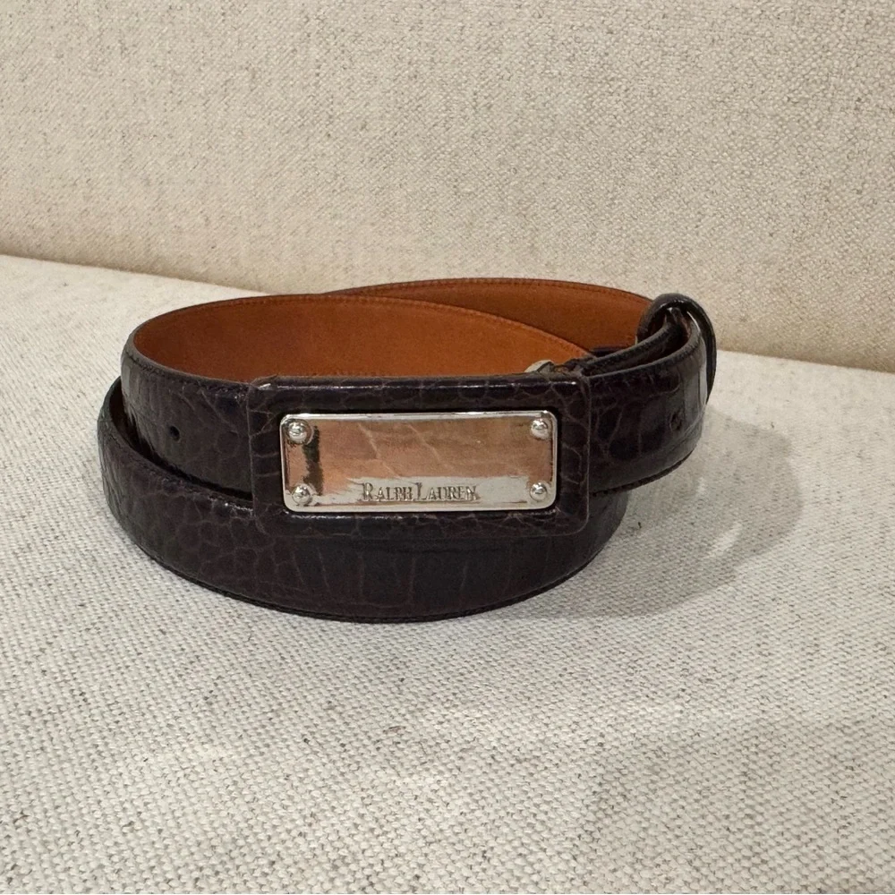 Vintage Ralph Lauren Alligator Embossed Leather Belt Sterling Silver Buckle S/M